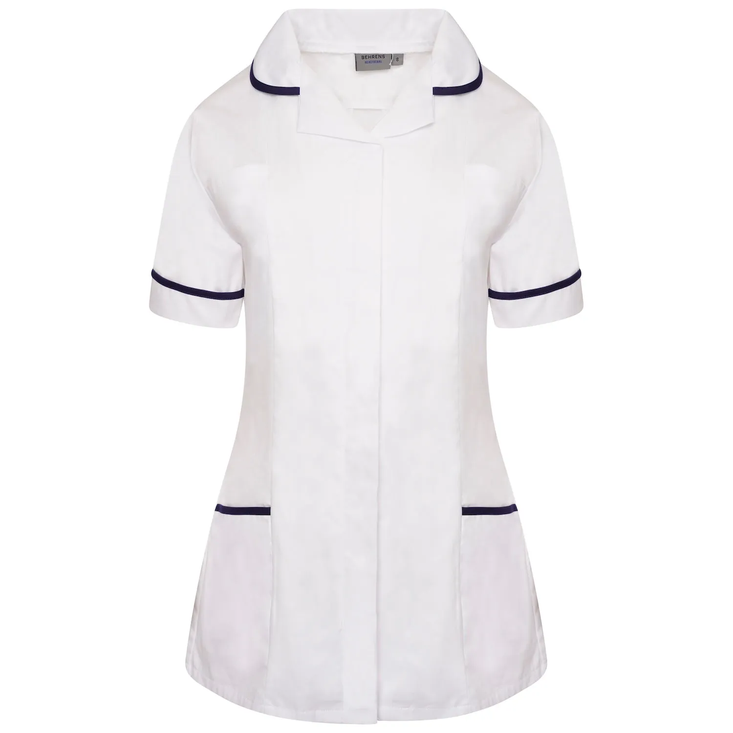 Ladies Healthcare Tunic | Round Collar | White/Navy Trim