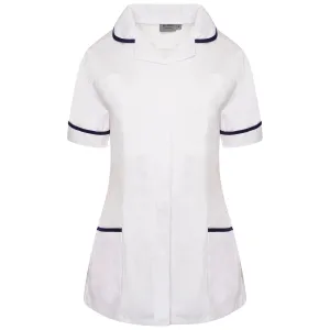 Ladies Healthcare Tunic | Round Collar | White/Navy Trim