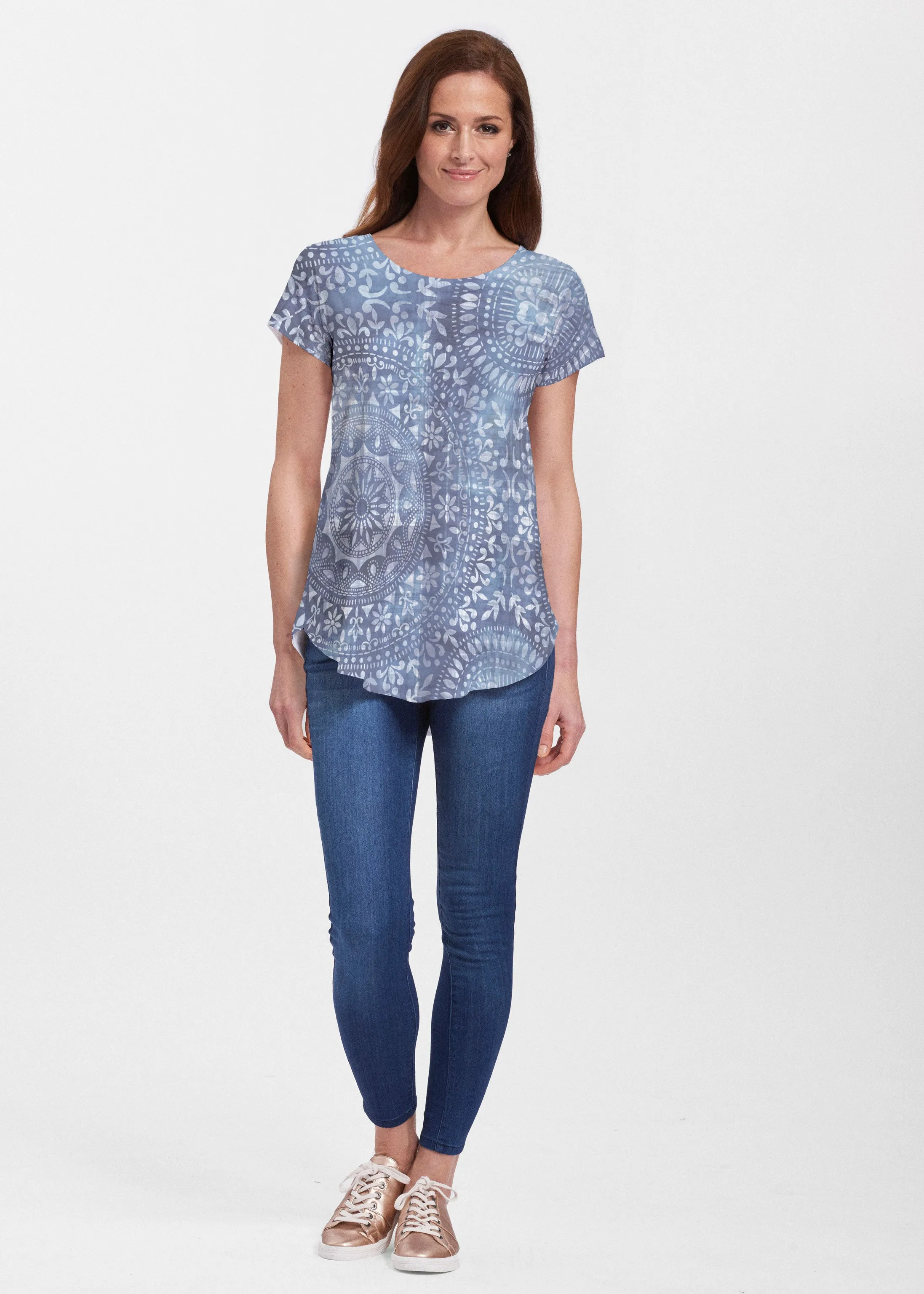 Medallion Flower (13453) ~ Signature Short Sleeve Scoop Neck Flowy Tunic