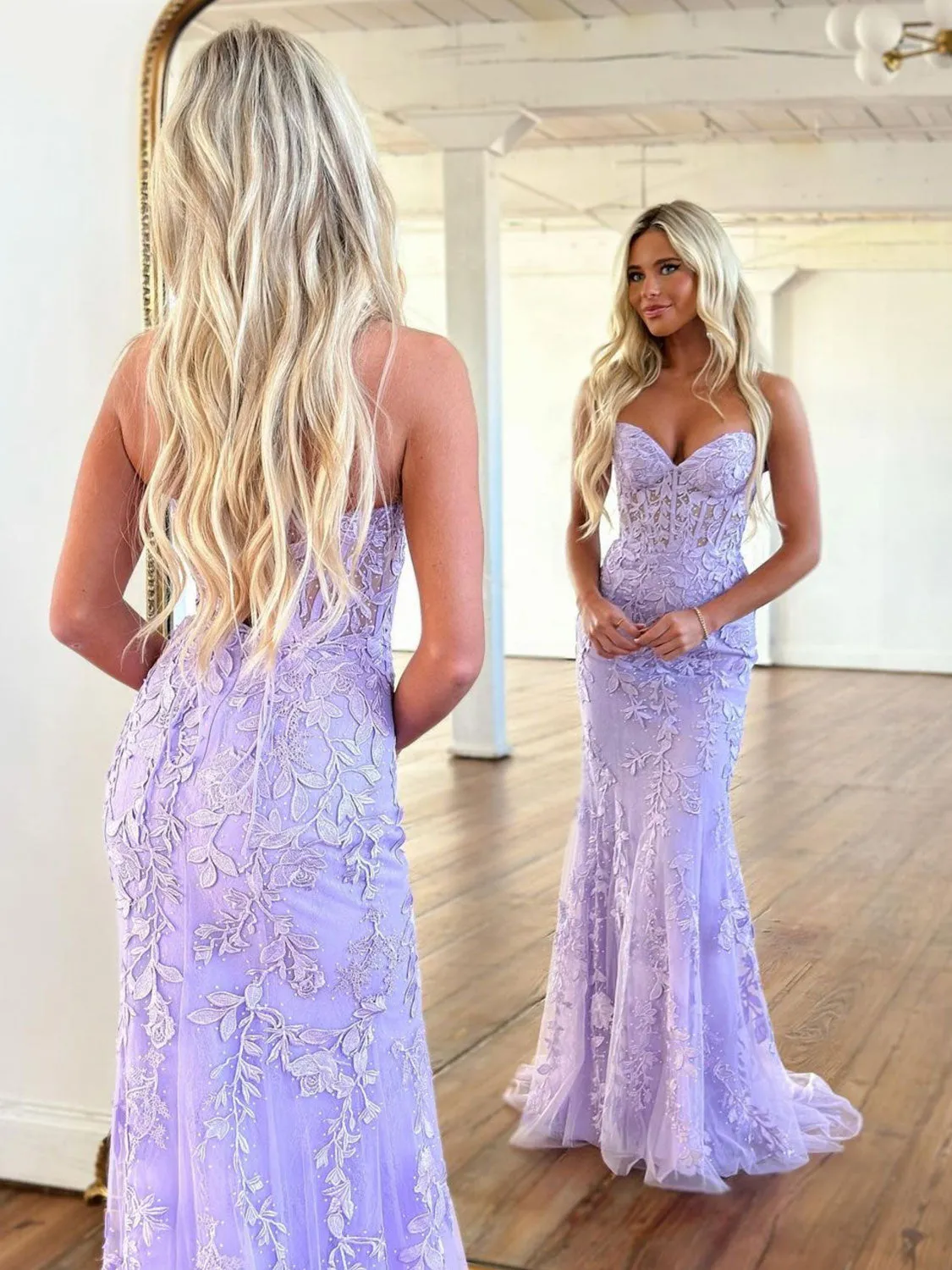 Mermaid Sweetheart Neck Lace Purple Long Prom Dress, Purple Formal Dress