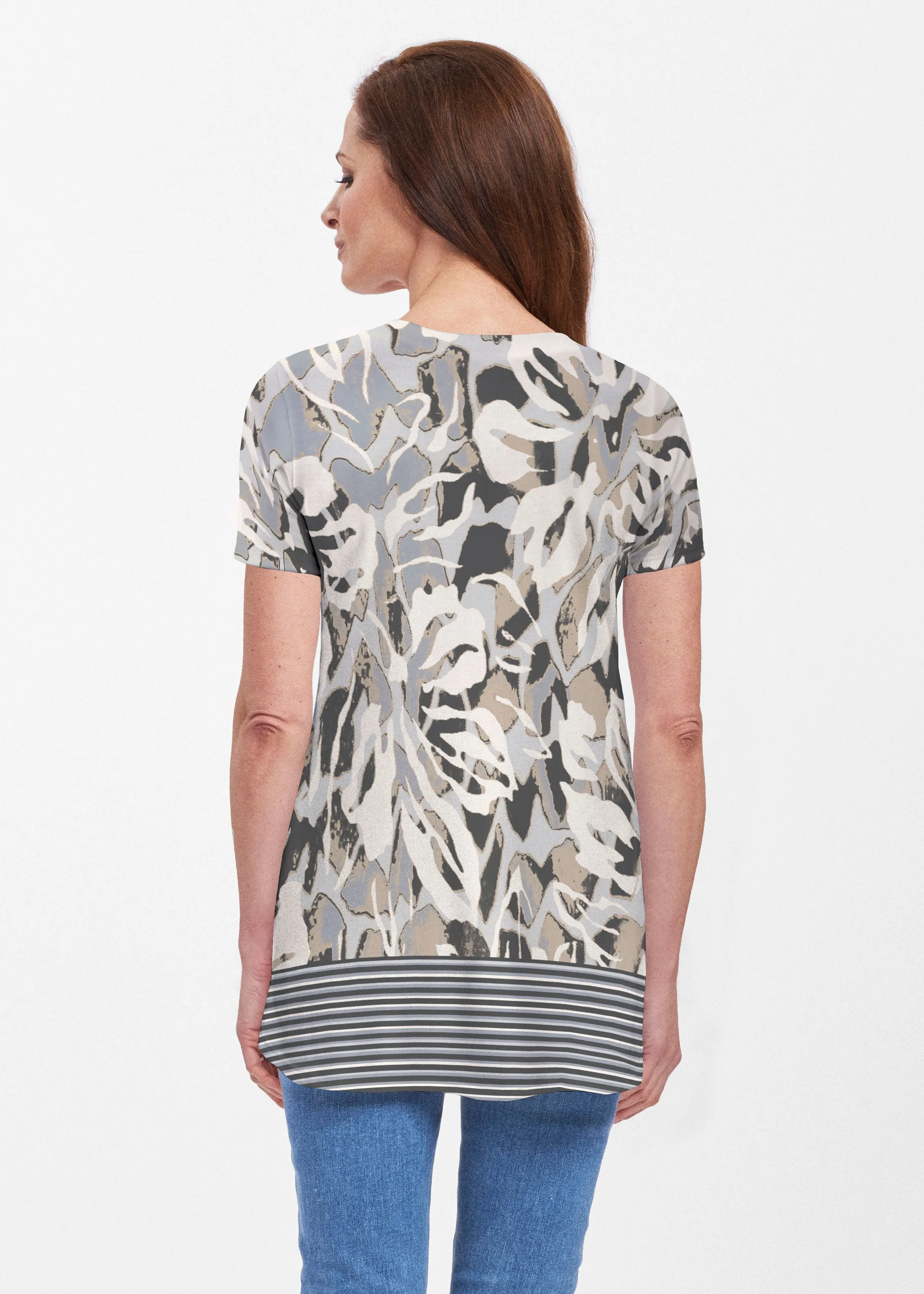 Mystic Floral Stripe Grey (19170) ~ Butterknit Short Sleeve Tunic