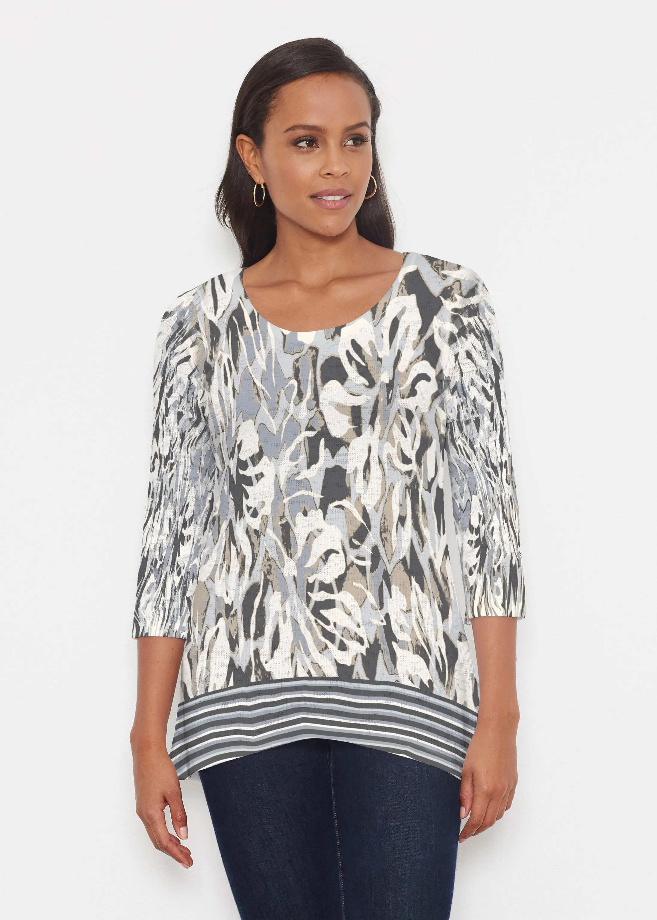 Mystic Floral Stripe Grey (19170) ~ Katherine Hi-Lo Thermal Tunic