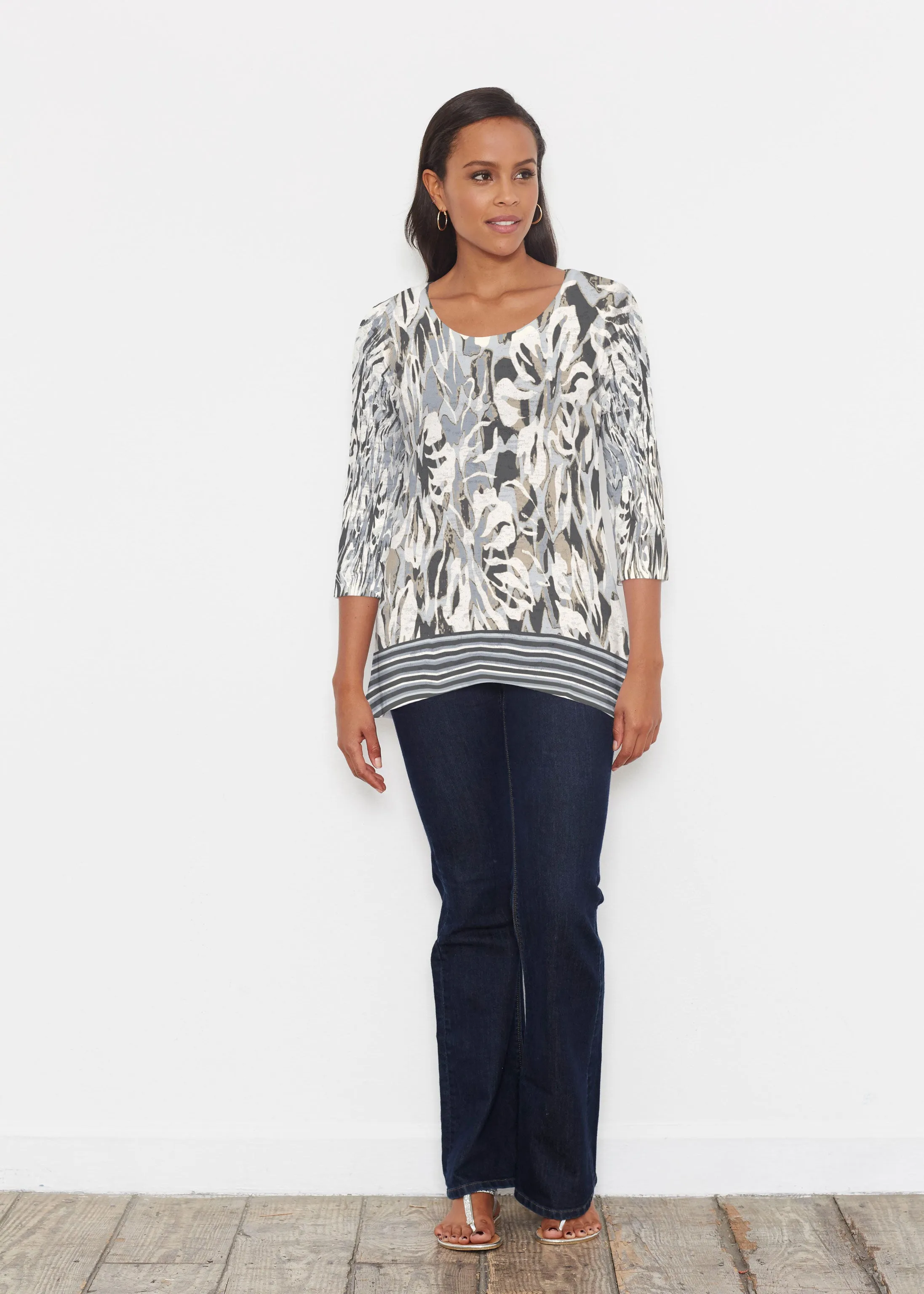 Mystic Floral Stripe Grey (19170) ~ Katherine Hi-Lo Thermal Tunic