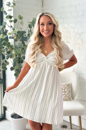 Off White Stripe Twist Front Pocket Linen Dress