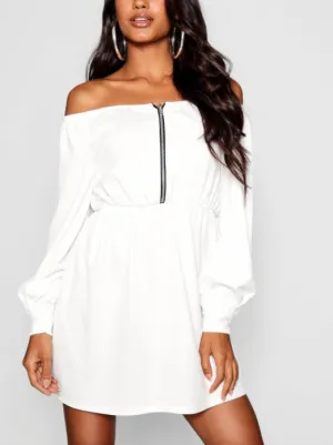One-neck Zipper White Sweater Dress