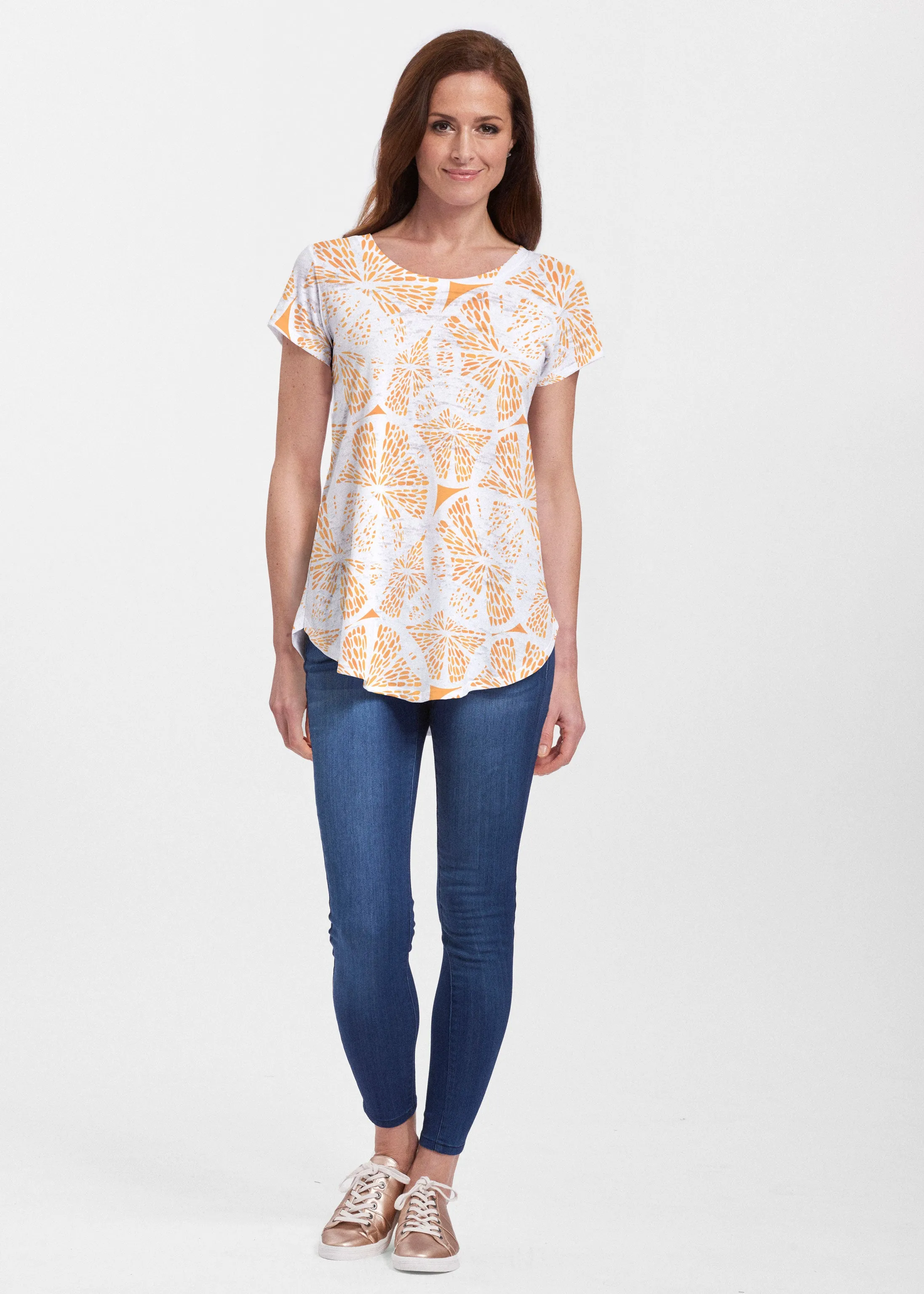 Orange Citrus (7862) ~ Signature Short Sleeve Scoop Neck Flowy Tunic
