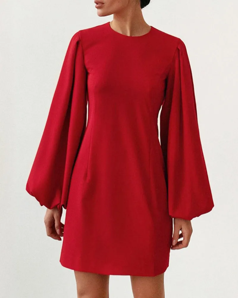 Party Zipper Lantern Sleeve Round Neck Bodycon Mini Dresses