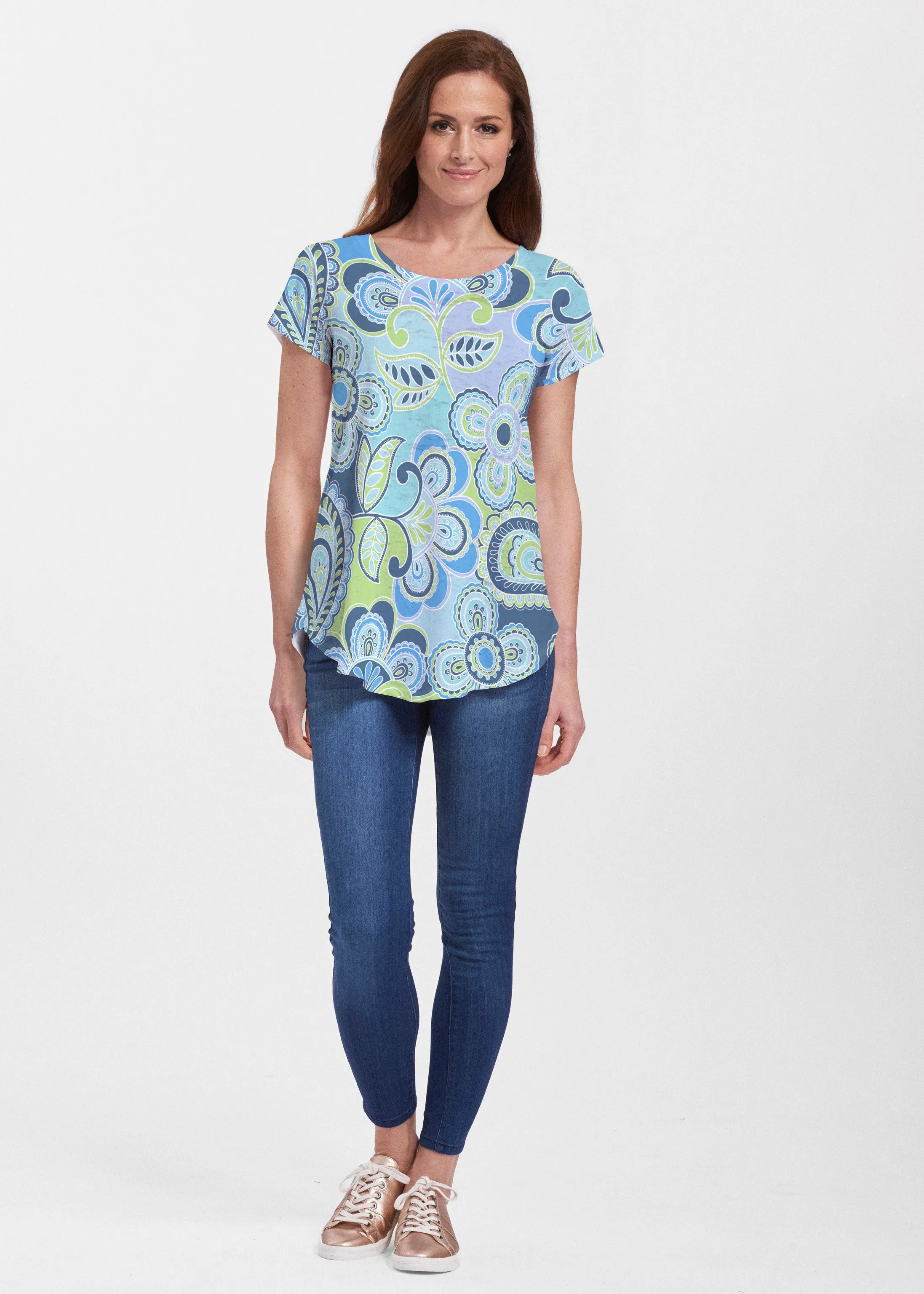 Pop Paisley Blue (13233) ~ Signature Short Sleeve Scoop Neck Flowy Tunic