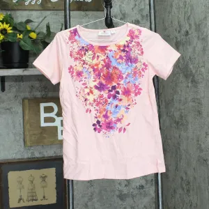 Quacker Factory Womens Floral Printed Short Sleeve T-Shirt Tee Shell Pink 2XS