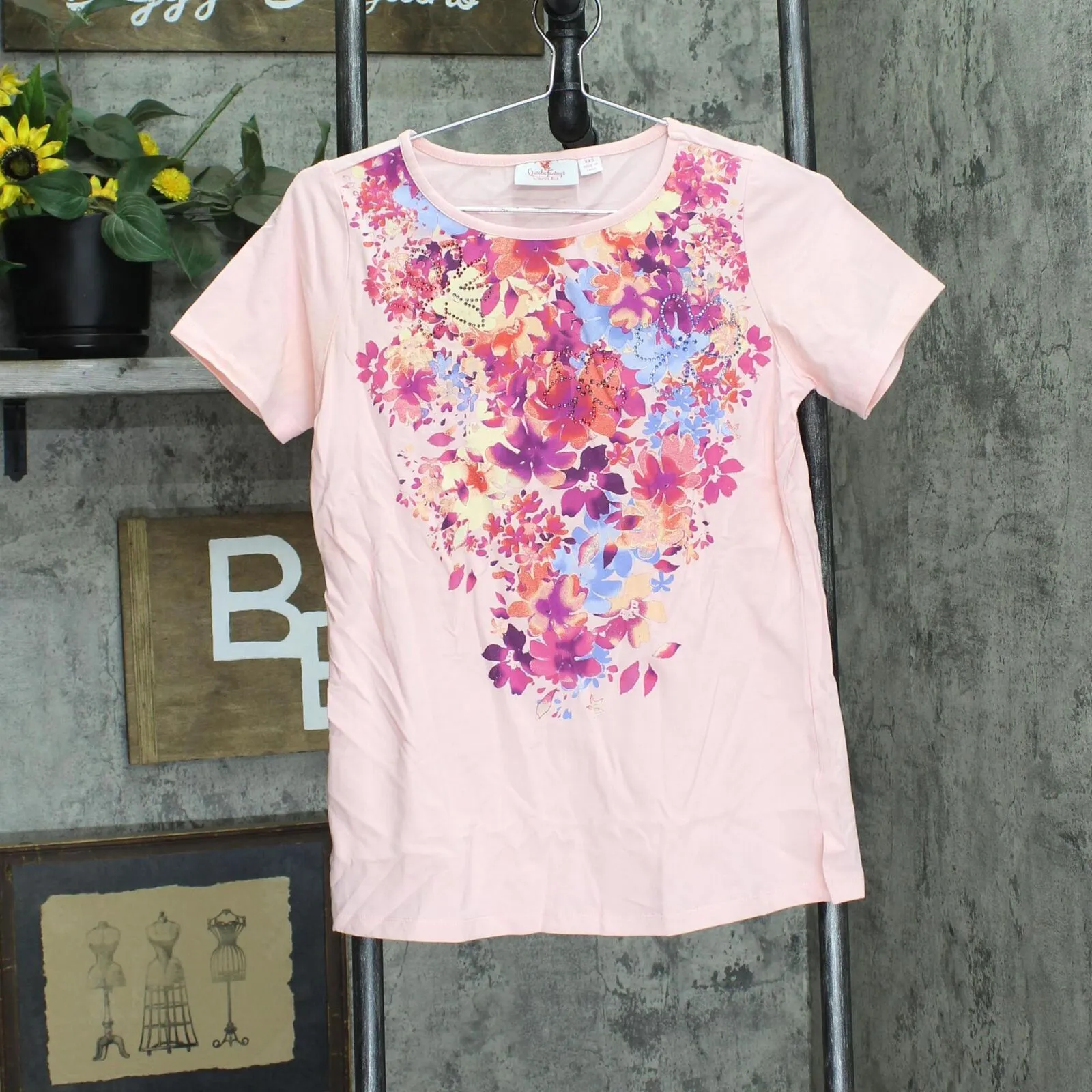 Quacker Factory Womens Floral Printed Short Sleeve T-Shirt Tee Shell Pink 2XS