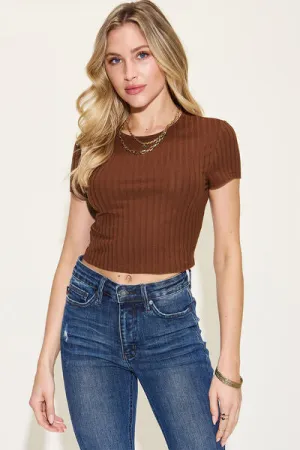 Ribbed Round Neck Short Sleeve T-Shirt 10 Colors