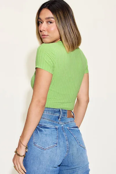 Ribbed Round Neck Short Sleeve T-Shirt 10 Colors