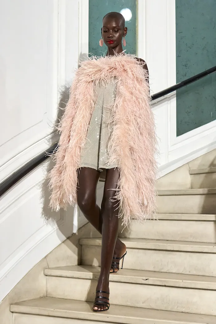 Sequin Low Back Mini Dress with Feather Detail