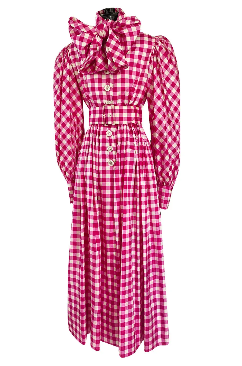 Spectacular Early 1960s Norman Norell Pink Gingham Silk Taffeta Dress w Bow & Pouf Sleeves