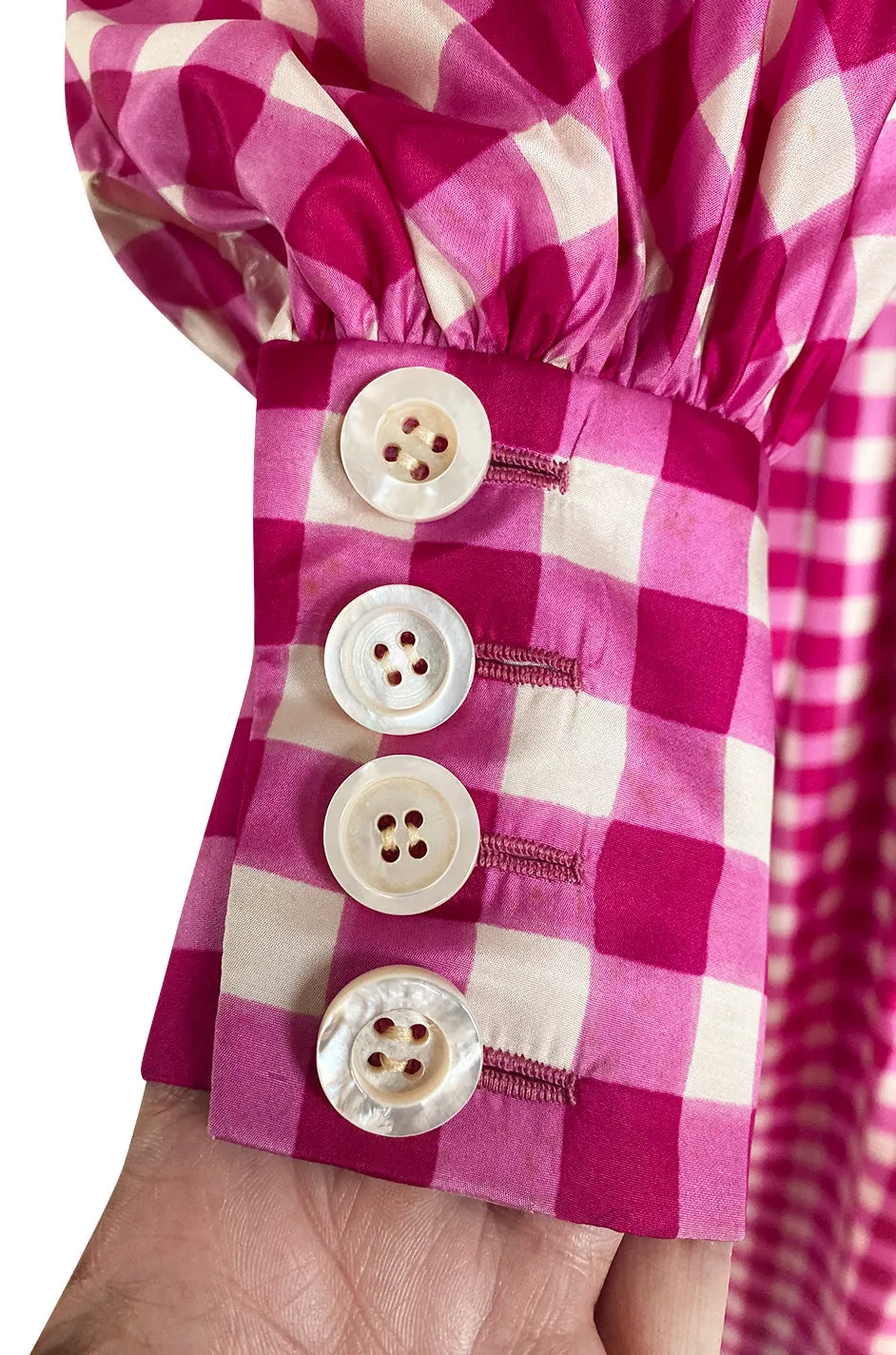 Spectacular Early 1960s Norman Norell Pink Gingham Silk Taffeta Dress w Bow & Pouf Sleeves