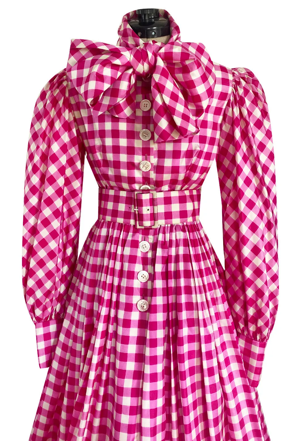 Spectacular Early 1960s Norman Norell Pink Gingham Silk Taffeta Dress w Bow & Pouf Sleeves