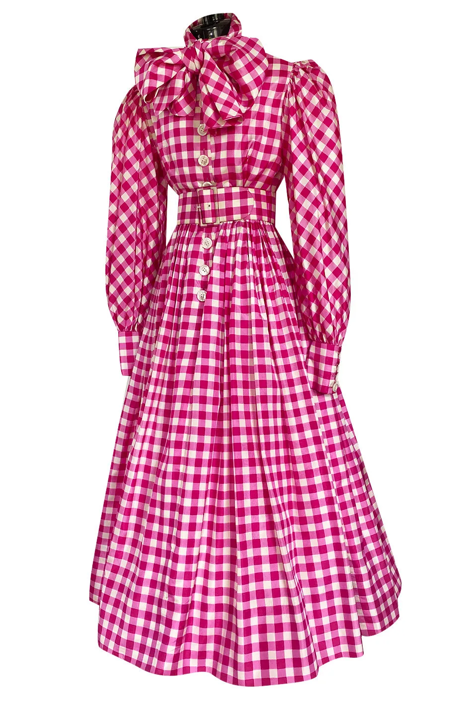 Spectacular Early 1960s Norman Norell Pink Gingham Silk Taffeta Dress w Bow & Pouf Sleeves