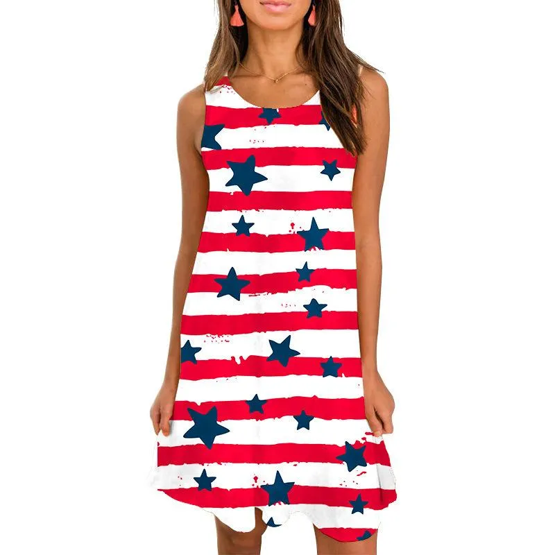 Summer Round Neck Sleeveless Flag Design Short Dresses