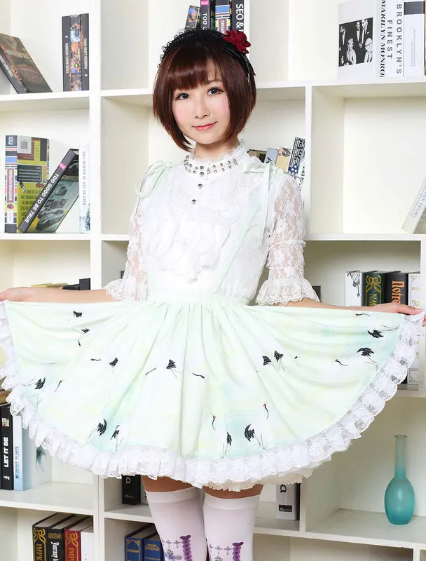 Sweet Lolita Dress In Light Green Printed Qi Lolita Suspender Skirt With White Lace Trim