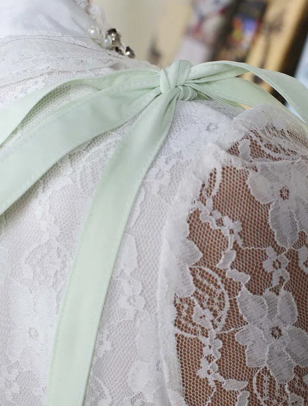 Sweet Lolita Dress In Light Green Printed Qi Lolita Suspender Skirt With White Lace Trim
