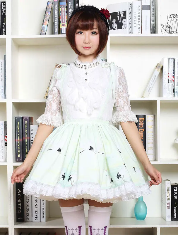 Sweet Lolita Dress In Light Green Printed Qi Lolita Suspender Skirt With White Lace Trim