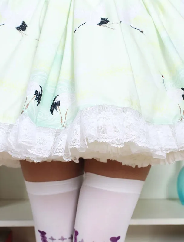 Sweet Lolita Dress In Light Green Printed Qi Lolita Suspender Skirt With White Lace Trim