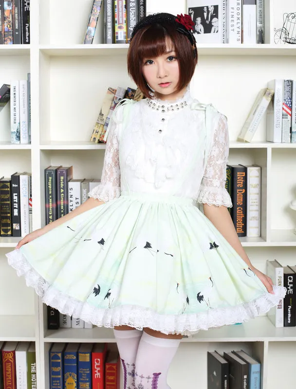 Sweet Lolita Dress In Light Green Printed Qi Lolita Suspender Skirt With White Lace Trim