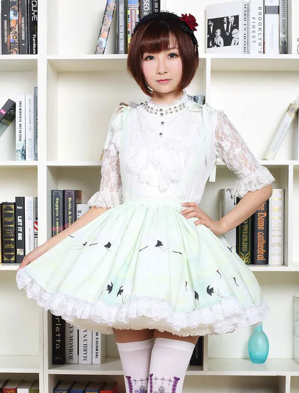Sweet Lolita Dress In Light Green Printed Qi Lolita Suspender Skirt With White Lace Trim
