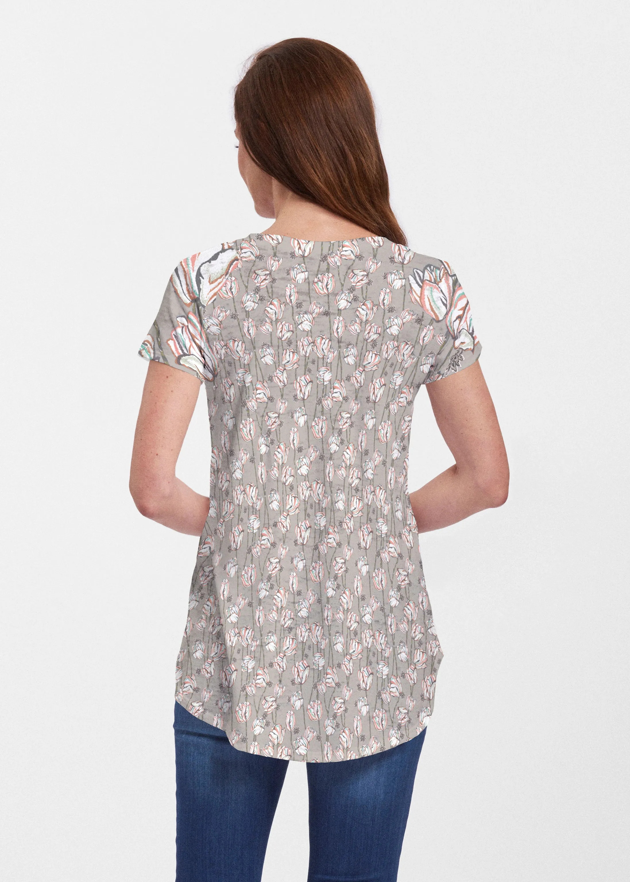 Tulips Multi Beige (7667) ~ Signature Short Sleeve Scoop Neck Flowy Tunic