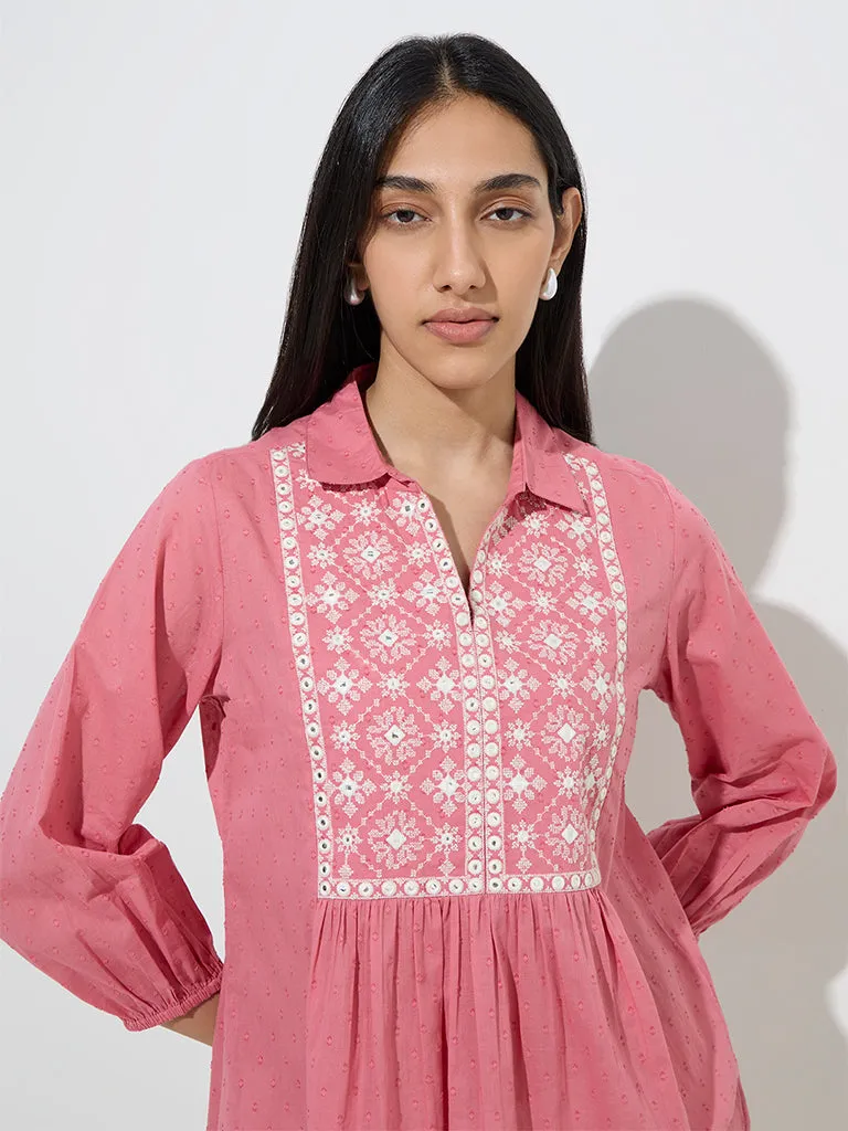 Utsa Dusty Pink Embroidered Cotton Kurti