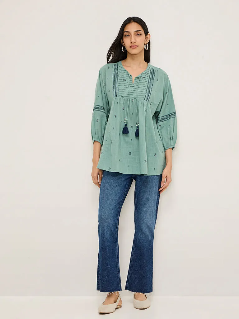 Utsa Mint Printed Fit-and-Flare Cotton Kurti