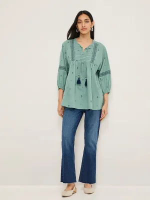 Utsa Mint Printed Fit-and-Flare Cotton Kurti
