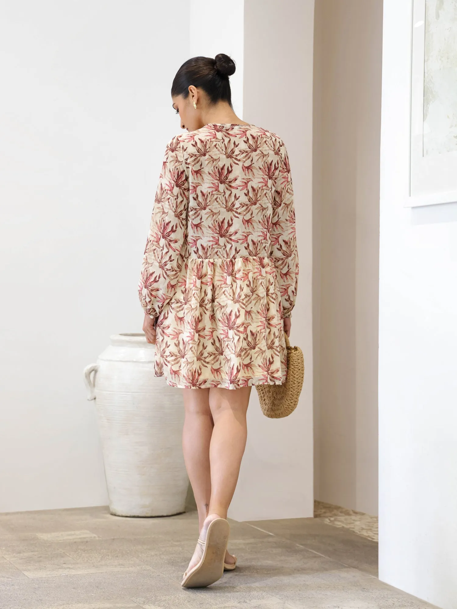 V Neck Frill Detailed Long Sleeved Mini Dress