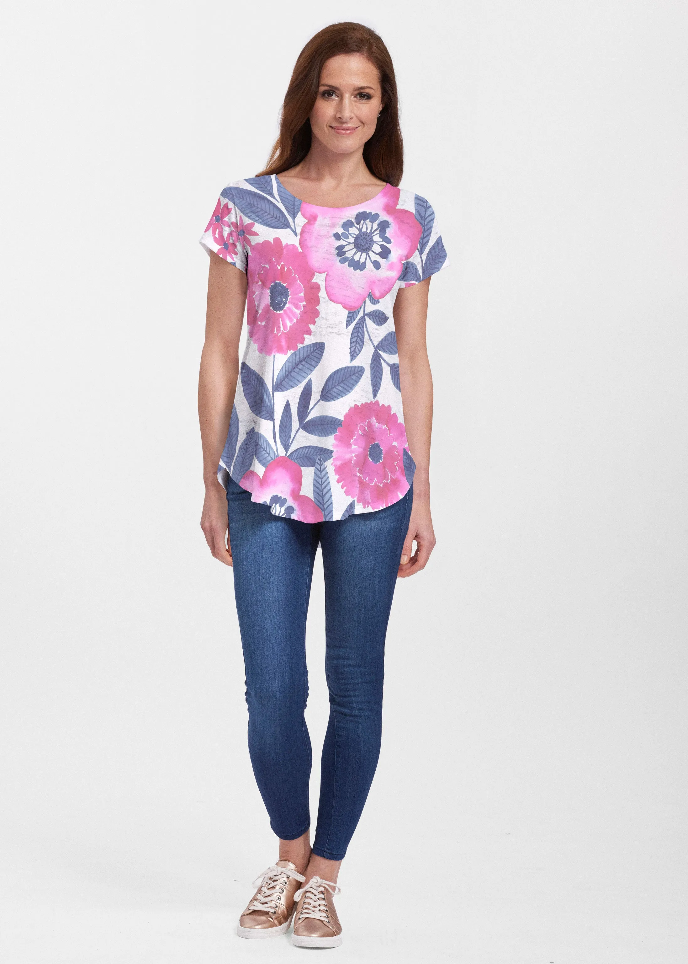 Watercolor Blooms (13355) ~ Signature Short Sleeve Scoop Neck Flowy Tunic