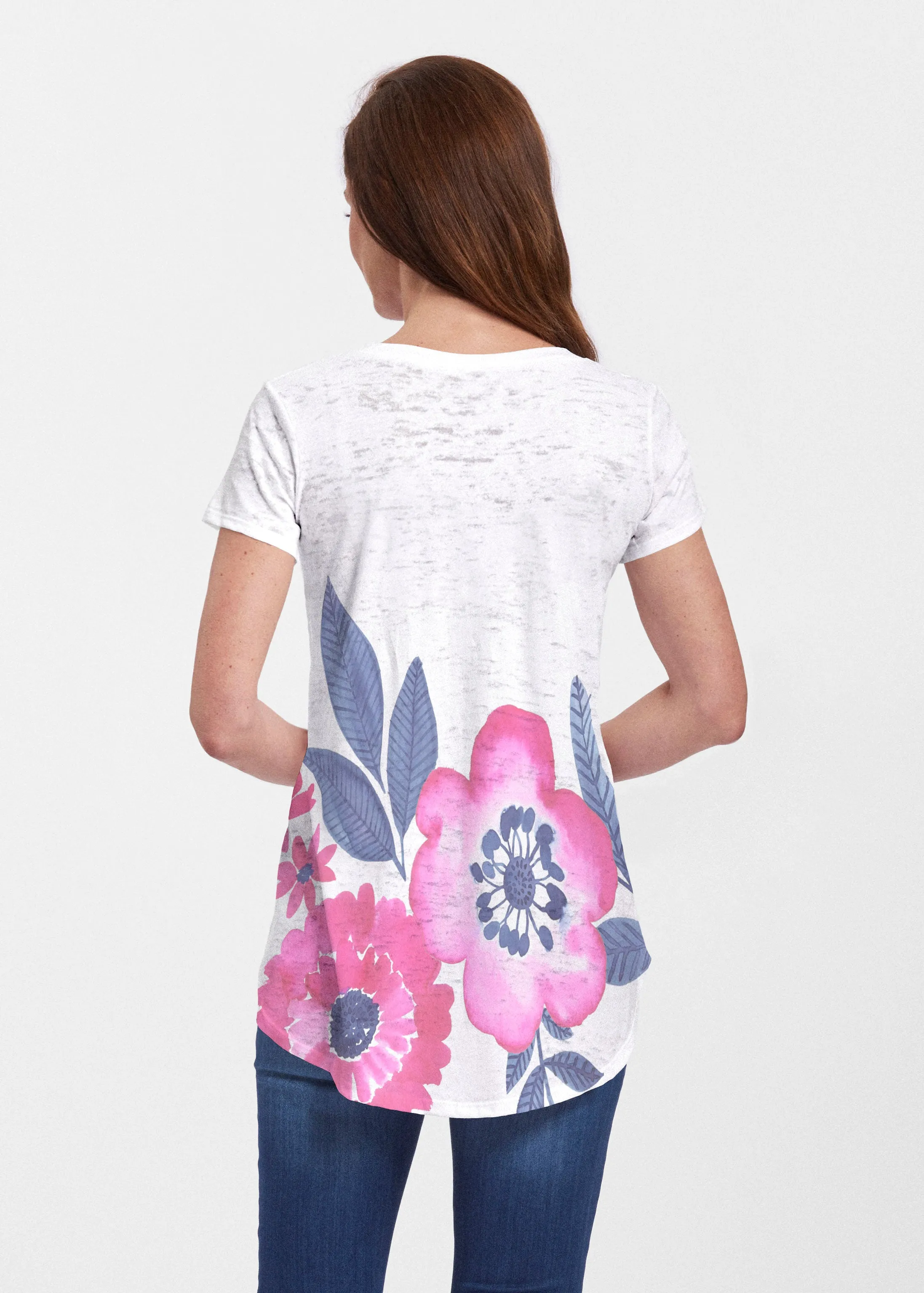 Watercolor Blooms (13355) ~ Signature Short Sleeve Scoop Neck Flowy Tunic