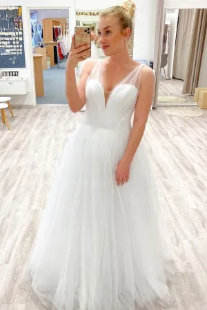 White v neck tulle long prom dress white tulle formal dress