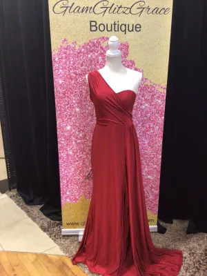 Wine Red Long One Shoulder Dress With Slit