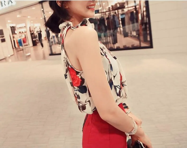 Women Sleeveless Chiffon Floral Print Blouse Ruffles Turtleneck Tops Shirt T57334