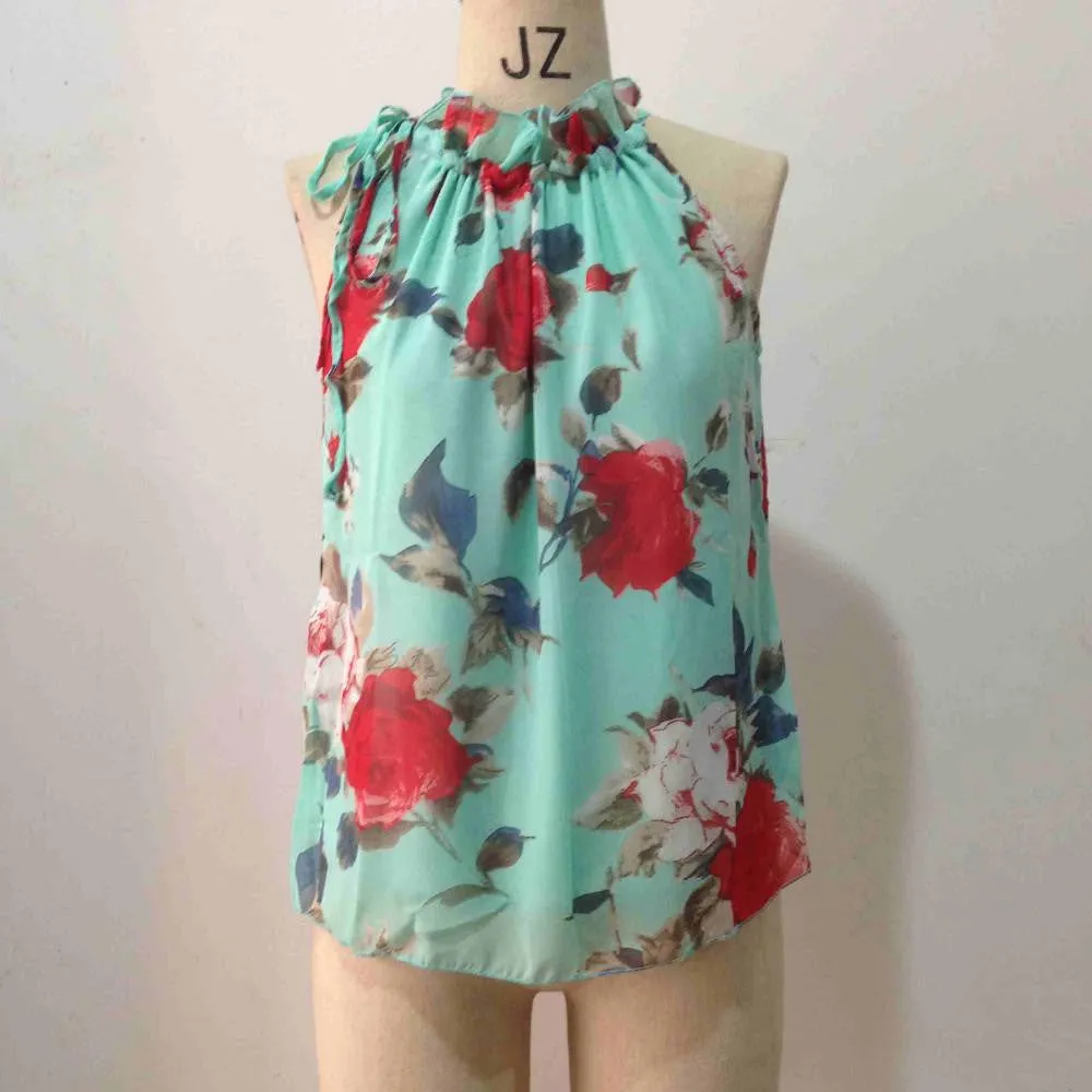 Women Sleeveless Chiffon Floral Print Blouse Ruffles Turtleneck Tops Shirt T57334