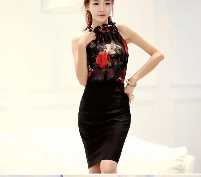 Women Sleeveless Chiffon Floral Print Blouse Ruffles Turtleneck Tops Shirt T57334