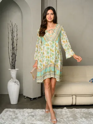WOMEN'S V-NECK BORDER PRINTED FLORAL RUFFLE 3/4 SLEEVE MINI DRESS