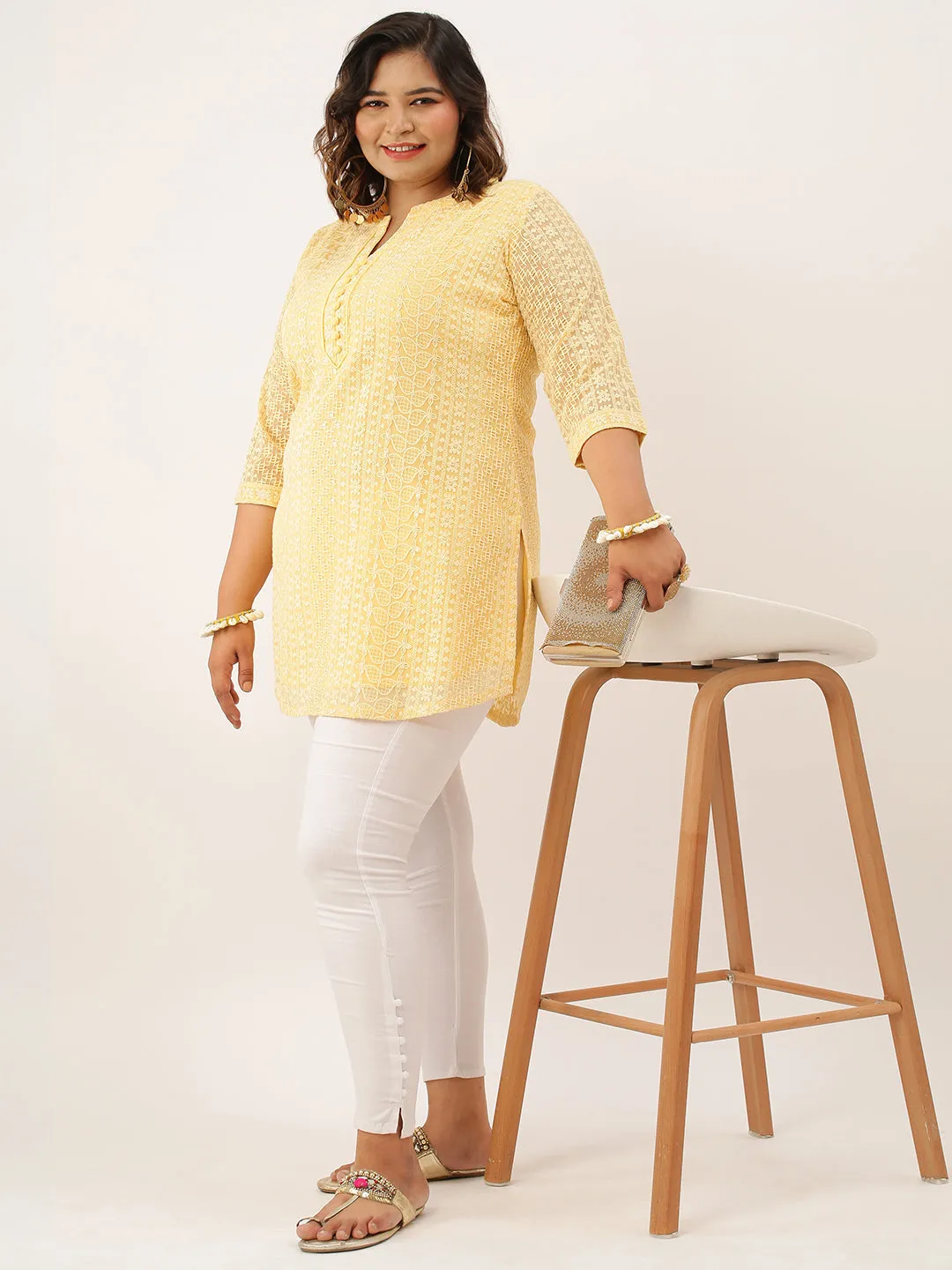 ZOLA Mandarin Collar Georgette All over Chikankari Embroidery Yellow Straight Tunic For Women